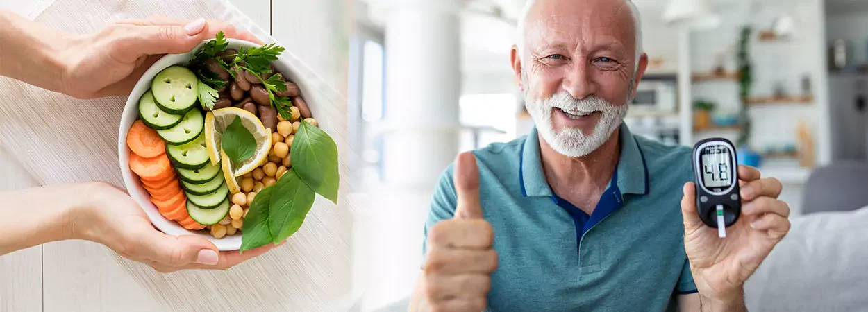 an elderly diabetic patient holding a diabetes test device, smiling, and doing a thumbs up gesture.To the left of the patient, a healthy food plate is served.