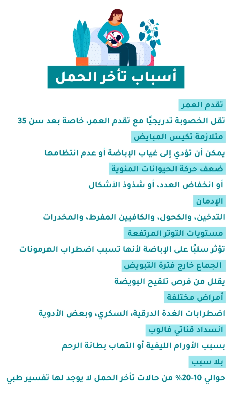 انفوجراف أسباب تأخر الحمل. تقدم العمر. متلازمة تكيس المبايض. ضعف حركة الحيوانات المنوية. الإدمان. مستويات التوتر المرتفعة. الجماع خارج فترة التبويض. أمراض مختلفة. انسداد قناتي فالوب. بلا سبب.