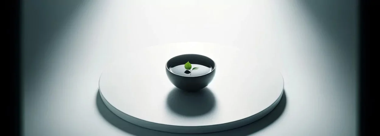 An aerial view of a small, round, white table against a white background. On the table sits a simple, matte black bowl filled with water, with a single green leaf floating in the center.