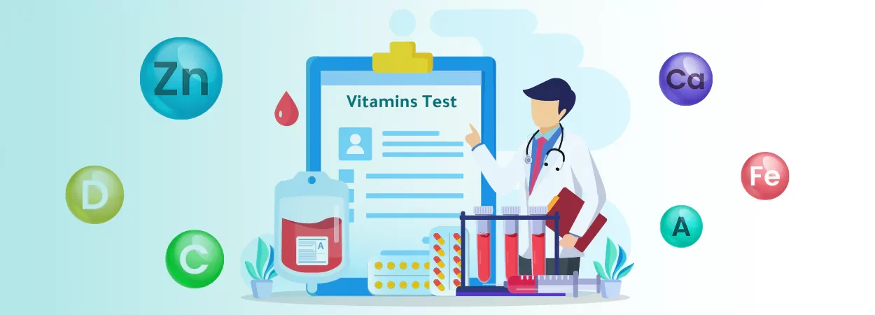Illustration of a doctor presenting a comprehensive vitamin test, with colorful icons representing essential vitamins and minerals like Zinc (Zn), Calcium (Ca), Iron (Fe), Vitamin D, Vitamin C, and Vitamin A.