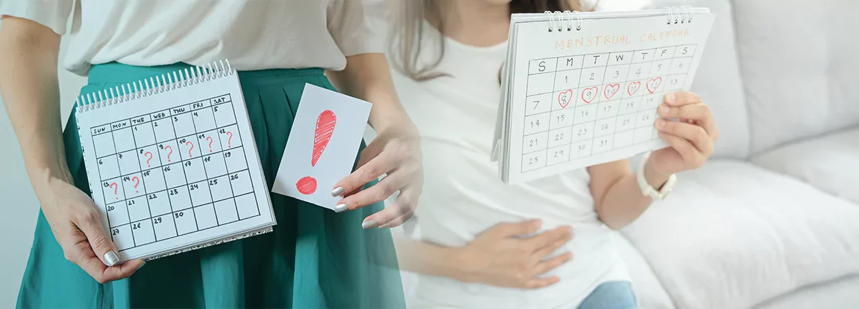 Two images illustrate different scenarios related to menstrual cycles. The left image shows a woman in a white shirt and green skirt holding a calendar marked with question marks and a card featuring a large red exclamation point. The calendar suggests uncertainty or irregularity in her menstrual cycle. The right image depicts another woman sitting on a couch, holding a "Menstrual Calendar" with certain dates marked by red hearts, indicating the days of her menstrual period. She rests one hand on her lower abdomen, hinting at menstrual cramps or discomfort.